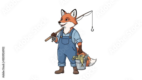 Whimsical cartoon fox character in blue overalls, proudly carrying a fishing rod and a bucket overflowing with freshly caught fish after a successful day of angling outdoors