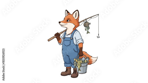 Whimsical cartoon illustration of a clever red fox in classic blue overalls, proudly displaying a successful fishing expedition with a rod, a hooked fish, and a brimming bucket of fresh catch