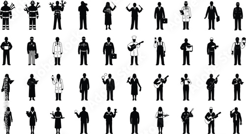 Profession and activity silhouettes, diverse careers, occupational icons, job roles, work attire, tool representation, career diversity illustration, flat vector