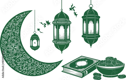 Green islamic design featuring crescent moon lanterns book and dates