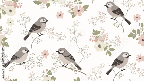 Delicate seamless pattern featuring charming little birds perched on blossoming branches adorned with soft pastel flowers, perfect for textile prints, wallpapers, and elegant backgrounds