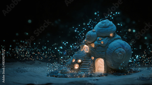 A whimsical snail house illuminated at night, evoking a sense of wonder and fantasy. The surreal scene captivates with its magical charm
