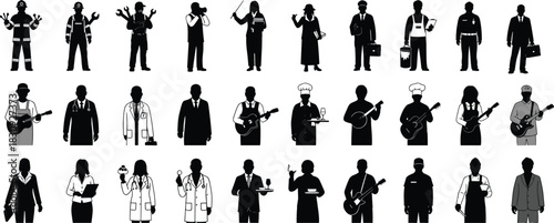 Profession silhouettes with tools, career icons, job attire, occupational diversity, workforce roles, employment concept, black illustration, flat vector