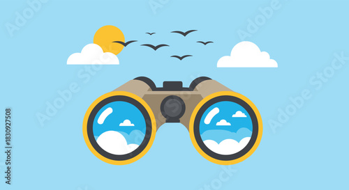 Binoculars focused on a serene blue sky with fluffy white clouds, a bright sun, and birds flying freely, representing discovery and exploration.