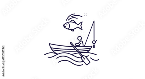 A simplified line art illustration of a person fishing from a rowboat, with a fish jumping out of the water nearby.