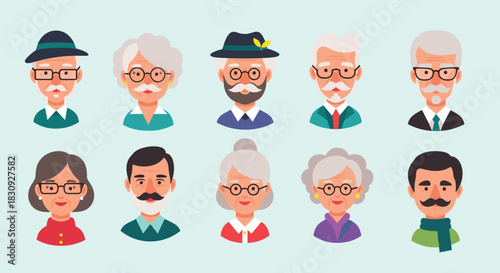Collection of diverse cartoon avatars of senior men and women with grey hair, glasses, and various facial features in a flat design style.