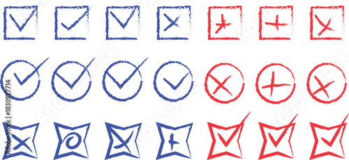 Web Set of Hand-Drawn Stamped Checkmark and X Icons