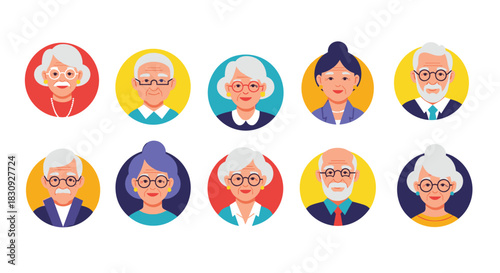A collection of diverse flat vector avatar icons representing senior men and women with various appearances and styles.
