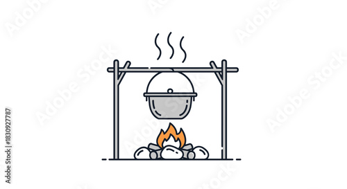 An outdoor cooking scene featuring a pot suspended over a crackling campfire, with steam rising, illustrating a classic wilderness meal preparation.