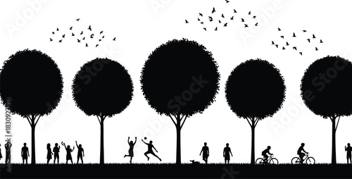 Park scene with people silhouettes, outdoor activities, walking, cycling, playing, nature trees, birds flying, public space, flat vector