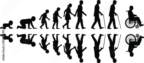 Human life cycle silhouettes, aging stages, baby to elderly, development phases, growth timeline, symbolic aging concept, black illustration, flat vector