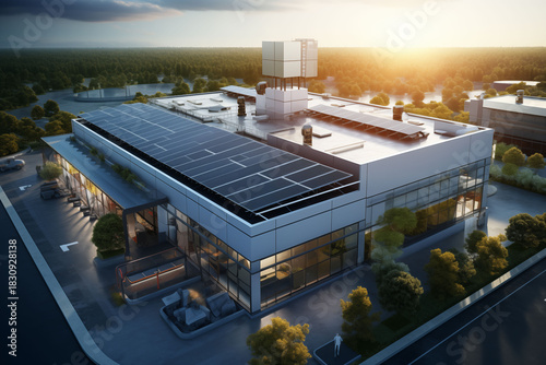 Large aerial view of a factory building data center with a solar roof.