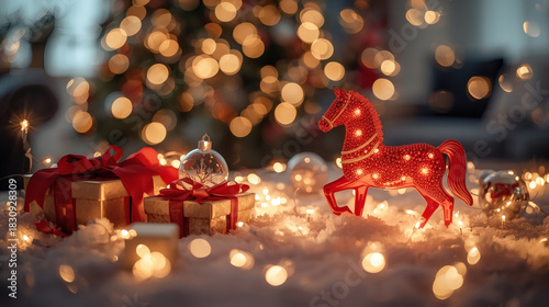 New Year 2026 postcard of the red fire horse. Christmas tree decorations, a red horse, and the numbers 2026 on the Christmas tree. Decorating the interior of your home for the winter holidays.