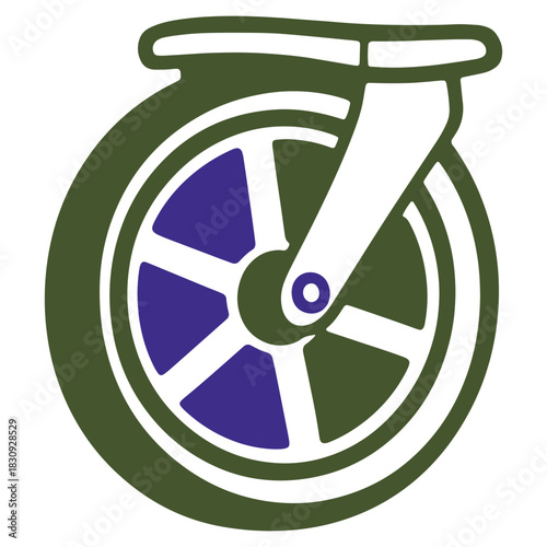 Caster Wheel Illustration with White Frame Olive Green Outer Circle and Blue Inner Spokes for Various Applications and Mobility Concepts