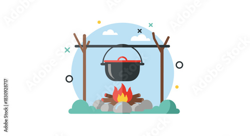 A black cooking pot with a red lid hangs over a blazing campfire, supported by a wooden tripod, in an outdoor camping illustration.