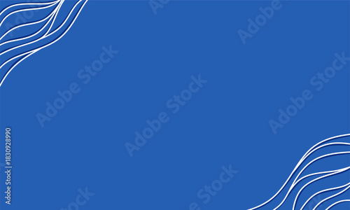 A clean modern background featuring minimalist wavy white lines on the corners over a solid blue color with open space in the center for design placement or text layout