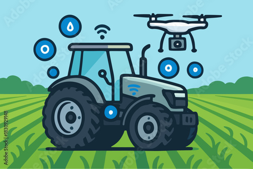 An illustration of a tractor and drone symbolizing precision farming technology, showcasing modern agriculture practices.	