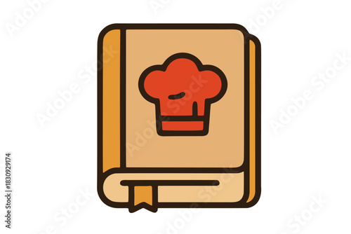 A simple and clean illustration of a chef hat inside a recipe book, perfect for representing cooking, food blogs, restaurants, or culinary schools.	