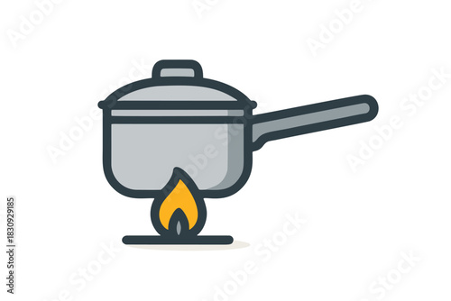Simple flat line icon illustration of a cooking pot with lid on a burning gas stove. Culinary and cooking concept.	