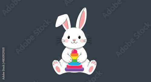 An adorable white cartoon bunny with pink accents sits smiling, gently holding a colorful rainbow stacking pyramid toy, perfect for children's themes.