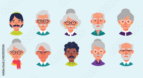 Diverse collection of elderly people's faces, showcasing different genders, ethnicities, and styles, ideal for avatars or user profiles.