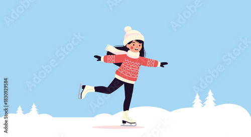 A cheerful young girl in warm winter attire gracefully glides on ice skates, enjoying a beautiful winter day outdoors.