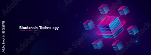 Blockchain Network With Connected Digital Cubes Representing Data Security, Decentralization, And Modern Fintech Technology. Vector Illustration
