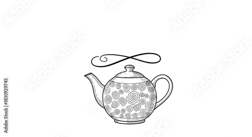 Hand-drawn line art illustration of a decorative teapot with an intricate swirl pattern and a timeless infinity symbol floating above.