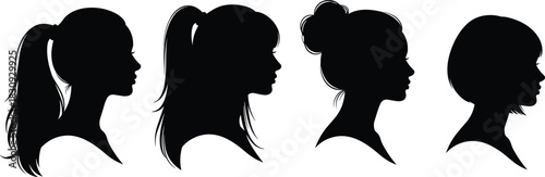Female hairstyle silhouettes, ponytail, bun, bob, straight hair, side profile, fashion reference, hair design, black illustration, flat vector