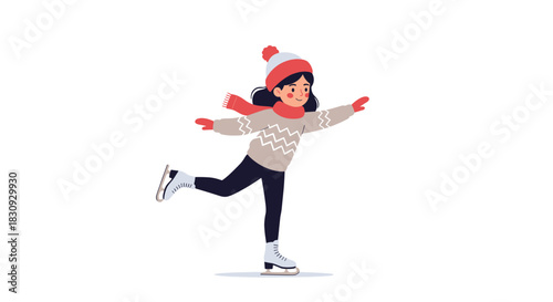 A cute young girl in winter clothes gracefully performs a figure skating move on ice, showcasing her agility and joy in the winter sport.