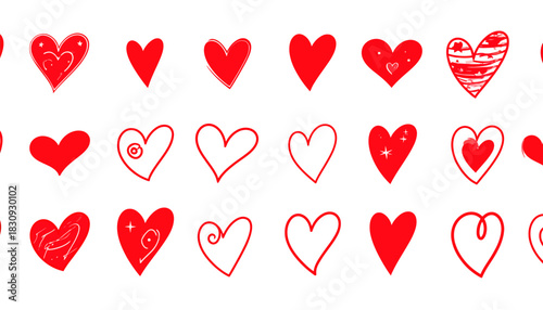 Collection of Stylized Red Heart Icons in Rows – 4K Ultra HD Render Featuring Unique Designs, Decorative Patterns, and Minimal Background for Love, Affection, and Creative Inspiration