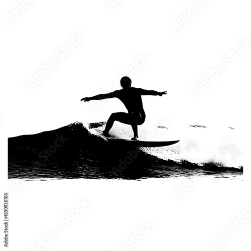 Dynamic silhouette of surfer riding powerful wave with energy and style, embodying freedom and the thrill of watersports in a modern, minimalist aesthetic