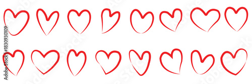 Set of hearts in red color, heart icons set vector, set of hearts different shapes for design. Heart collection. Vector art. Heart, love, romance hearts. Vector icons. Heart love symbol red