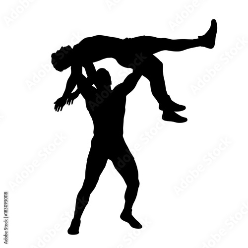 Dynamic wrestling duo silhouette, power and strength in combat sport, competitive match, intense fight action, athletic competition, training, and sports