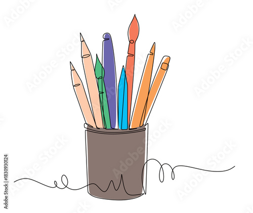 Continuous line art of a stationery consisting of a pen, pencil, and brush stored in a pencil case. This icon is for a stationery store banner. Vector illustration with beautiful colors.
