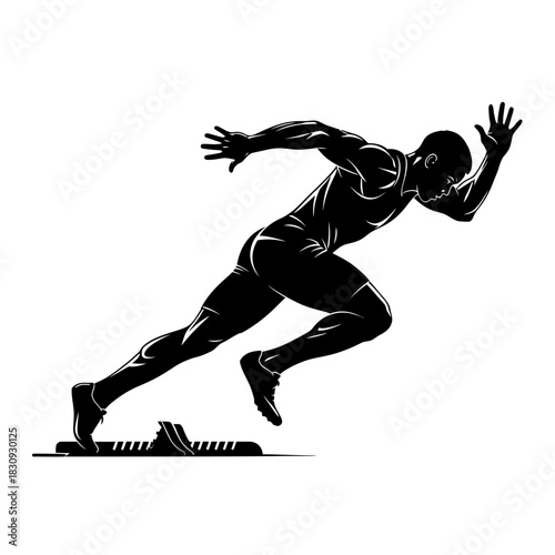 Dynamic black silhouette of sprinter exploding from starting blocks