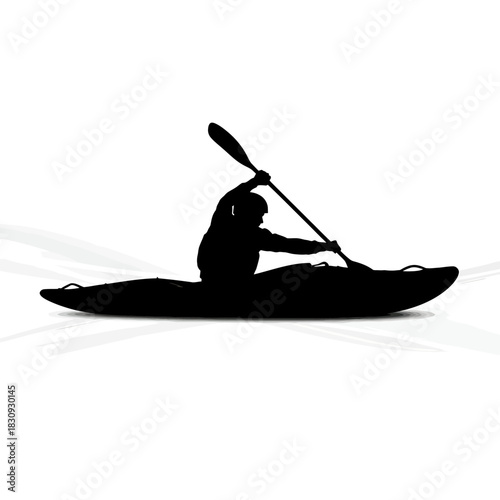 Dynamic silhouette of kayaker paddling through water, ideal for adventure and outdoor lifestyle brands seeking a strong, impactful visual statement