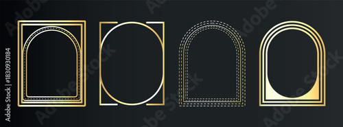 Luxury thin gold frame set in art deco, Islamic style. Premium geometric golden arch on black background. Elegant linear borders for vip, greeting card, wedding invitation. Isolated vector illustratio