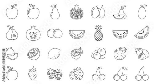 Collection of simple, black and white line art icons depicting various fresh fruits, including apples, pears, berries, and citrus, representing healthy eating.