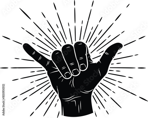 PrintShaka Hand Sign with Retro Sunburst Lines, Hang Loose Gesture, Aloha Surf Vibe, Summer Beach Culture Vector Graphic.