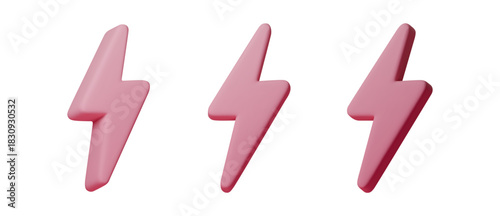 Lightning bolt pink 3d icon in smooth matte style. Modern minimal symbol for power, speed, charge and electric concepts. Clean isolated illustration for UI and digital design