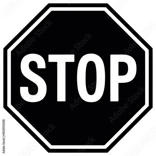 Classic octagonal black and white stop sign with bold white letters clearly visible