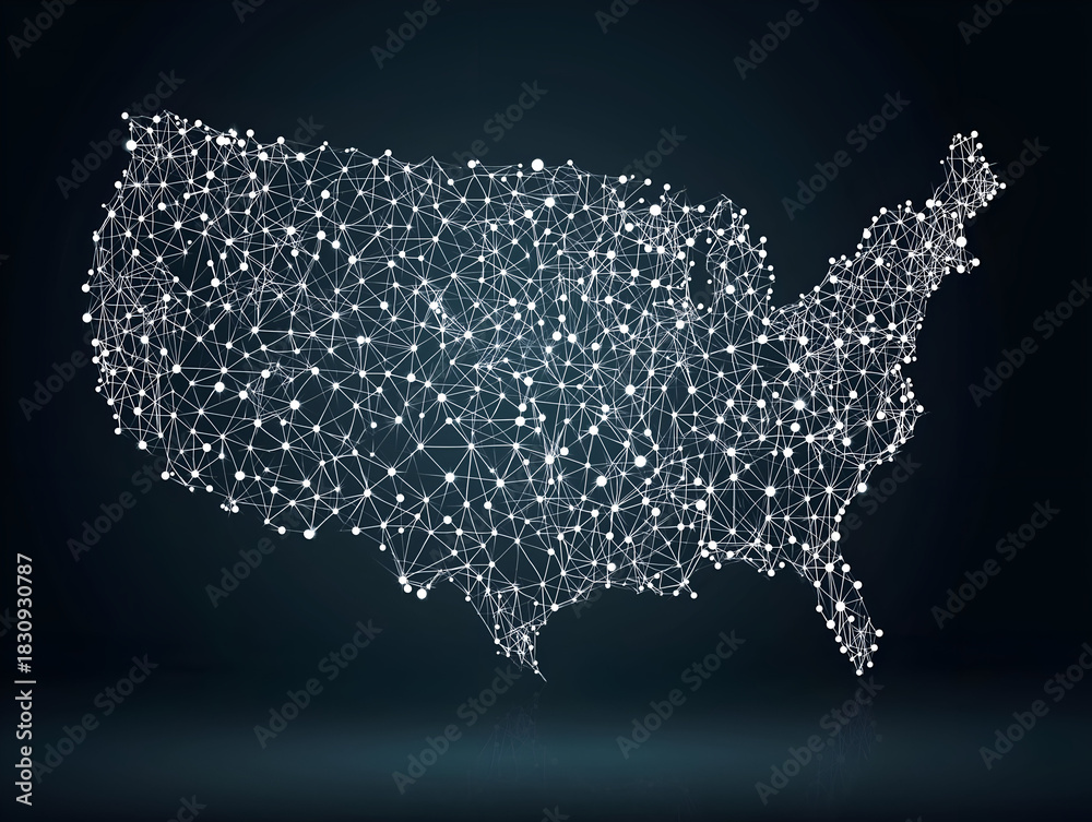 Obraz premium A digital representation of the United States with interconnected nodes illustrating data networks and technology.