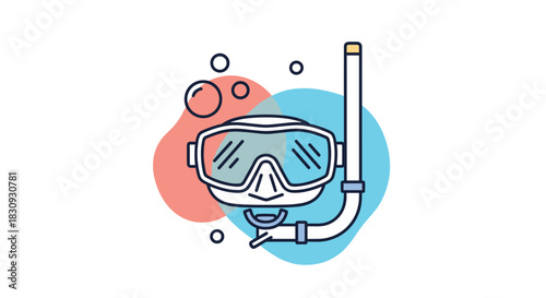 Minimalist illustration of a snorkeling mask and tube with abstract shapes and bubbles, representing underwater exploration and summer fun.