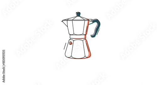 An illustrative line drawing featuring a classic Moka pot coffee maker with modern color accents, set against a clean white background.