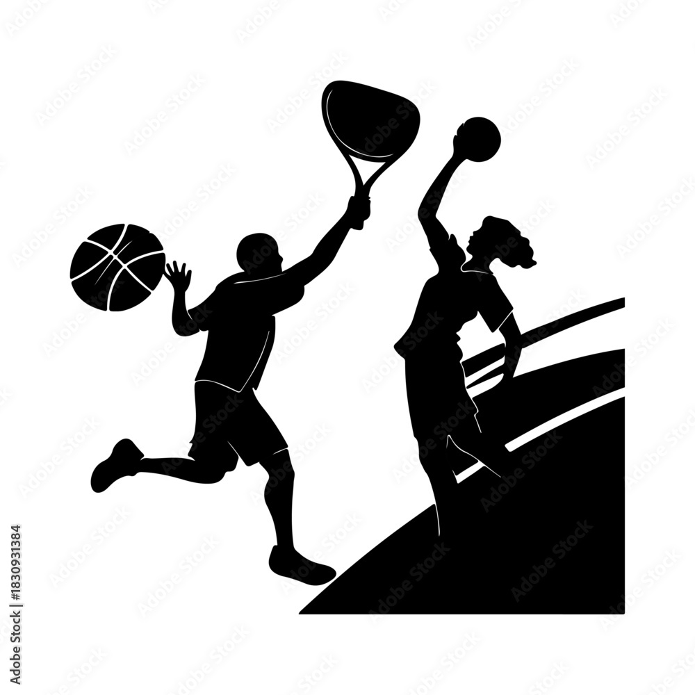 Fototapeta premium Duo Mixed Sports Silhouettes Vector: Dynamic Basketball Paddleball Action Icon