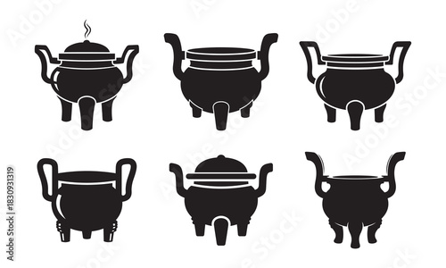 Set of Black Chinese Incense Burner Ding Icons Vector