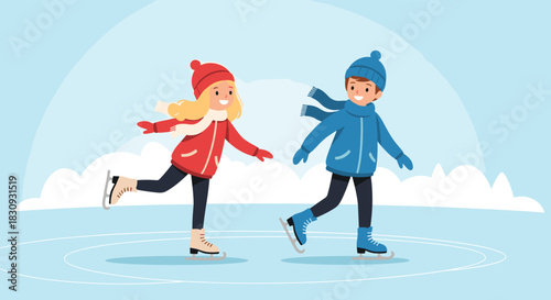 A happy girl and boy in winter clothes are ice skating together on a bright day, enjoying a fun outdoor activity on the rink.