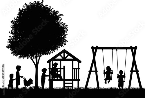 Family Recreation at the Park Silhouette: Vector of Kids Swinging, Playing in Tree House, and Pushing Stroller, Highlighting Parenthood, Community, and Outdoor Childhood Activities Graphic.