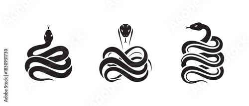 Stylized black snake icons set: coiled serpent, cobra, and viper symbols.